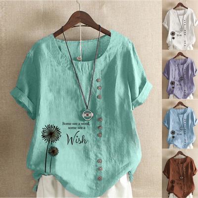 Damen Sommer Rundhals Kurzarm T-Shirt Casual Baumwolle Leinen Grafik Shirt Freizeit Mode Lose Löwenzahn Prined Bluse Tops Plus Size
