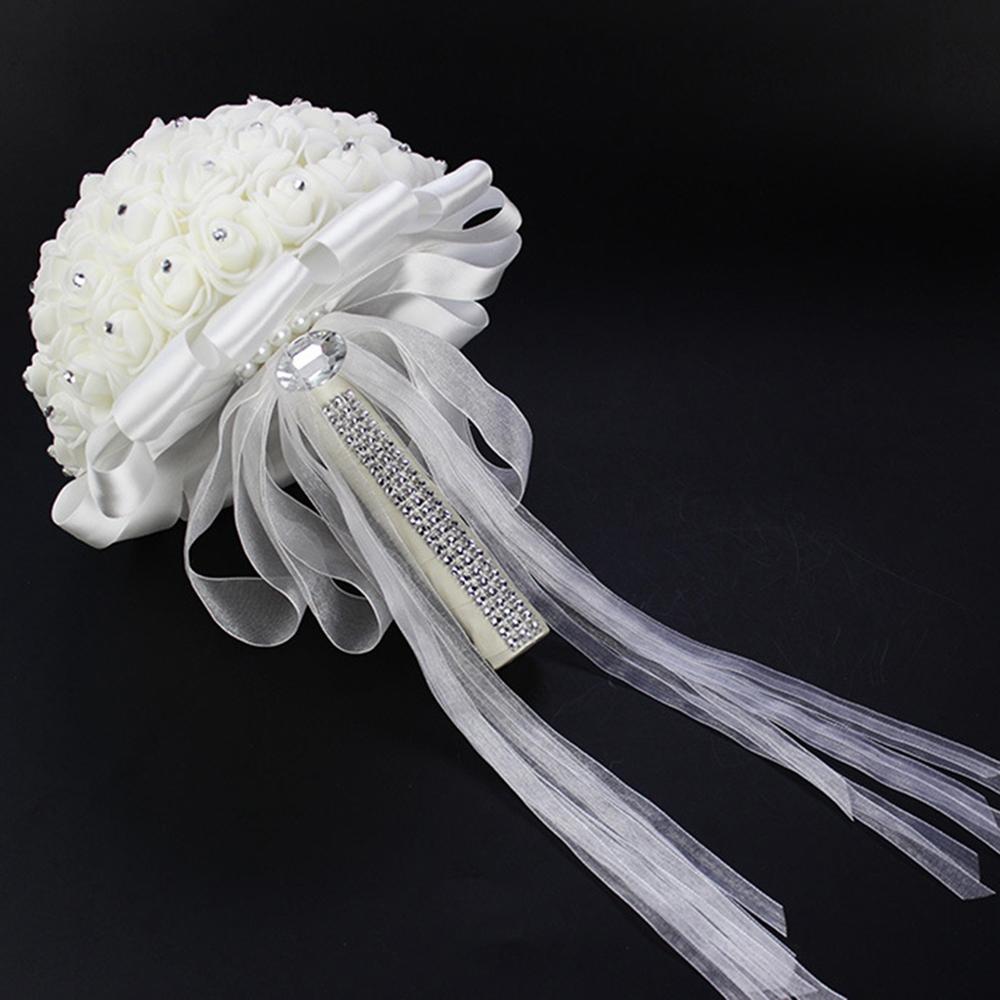 M-Modern-White Rhinestone Ribbon Bridal Wedding Bouquet Handmade Artificial Holding Flowers For Wedding, Bridesmaid Bouquets