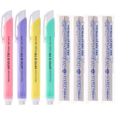 XENO Tri-II Retractable Click 4 Erasers and 8 Refills (Assorted Colors Bundle)