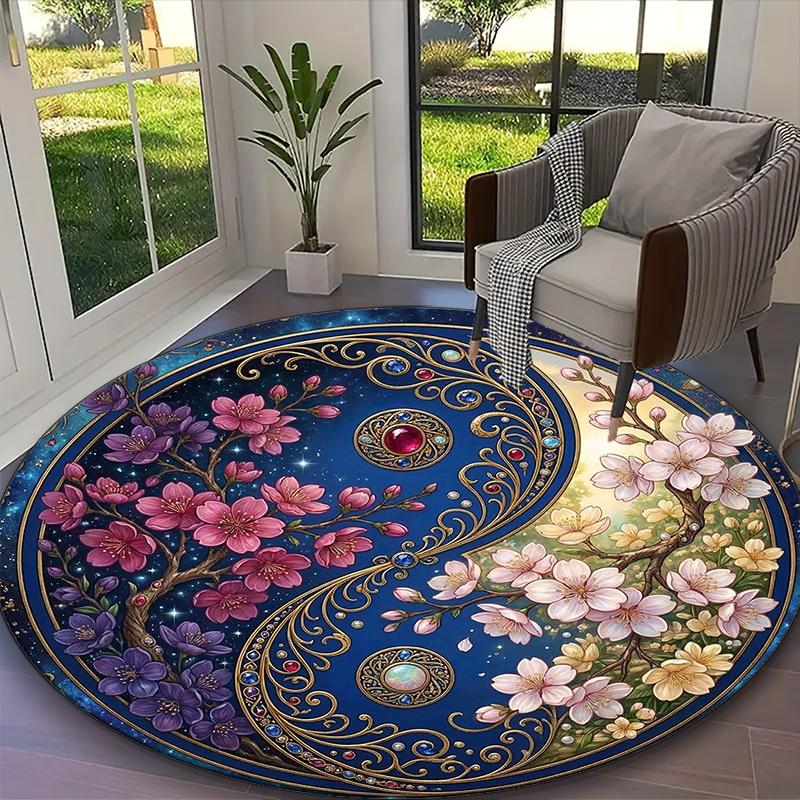 1pc Blue Balance Cherry Blossom Rug, Digital Printed Home Chair Sofa Mat, Durable Office Round Carpet, Beautiful Festival Decorations