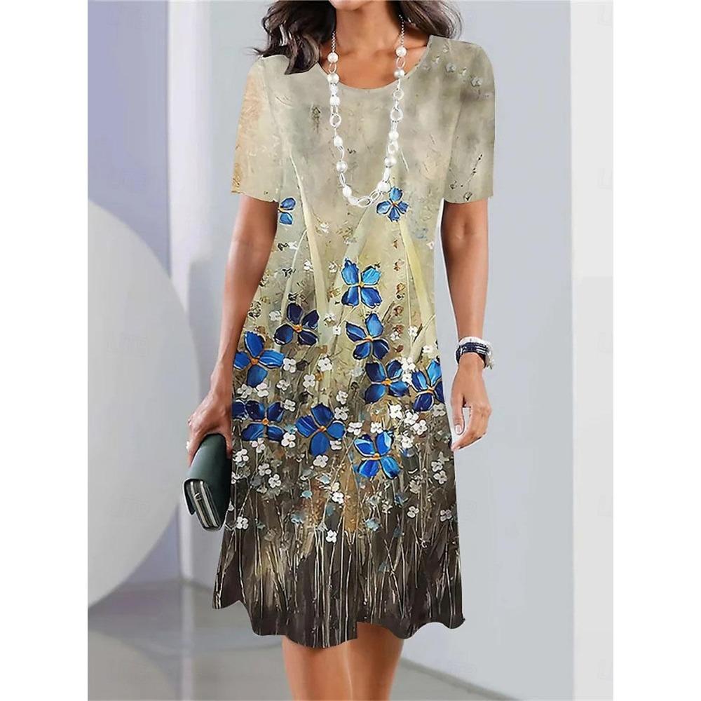 Women's Casual Dress Floral Print Crew Neck Midi Dress Stylish Casual Daily Vacation Short Sleeve Summer Evening Party Dresses