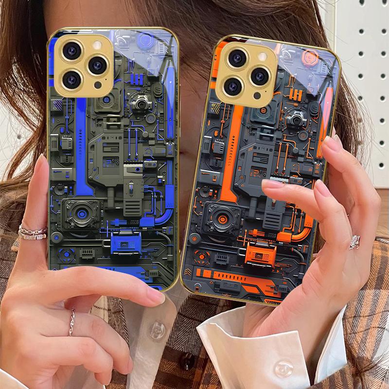Yellow circuit board For IPhone 16 16Pro Max 15 P ro 14 13 Plus 12 Mini 11Pro Max XS Max XR Golden tempered glass phone case