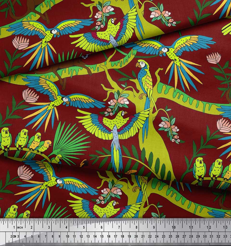 Soimoi Japan Crepe Satin Fabric Branches,Parrot & Leopard Jungle Print Fabric by the metre 42 Inch