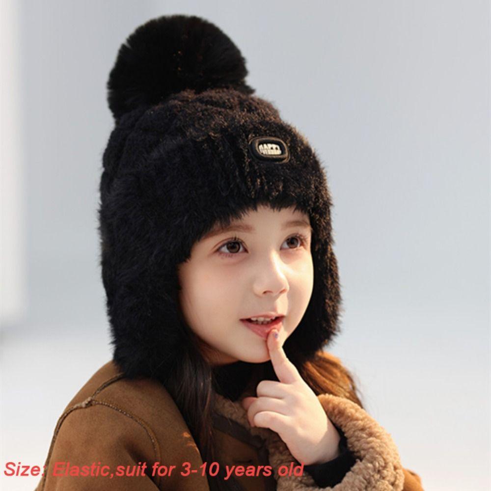 Plush Winter Knitted Hat Solid Color Earflaps Bonnet Hat Fashion Kids Beanie Cap