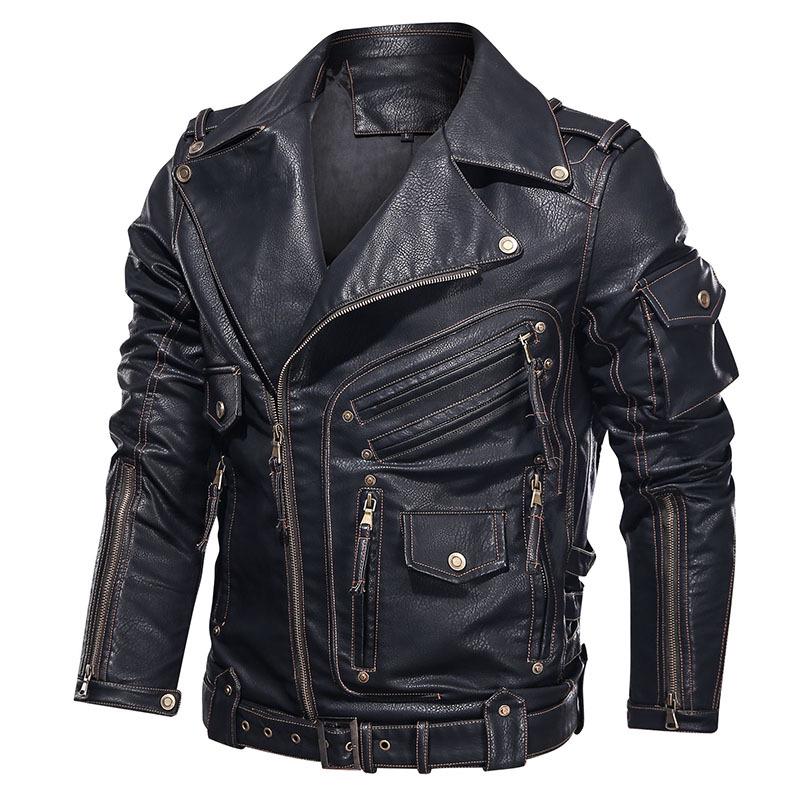 Men's Windproof PU Leather Jacket with Multiple Zippers - European & American Style Outerwear
