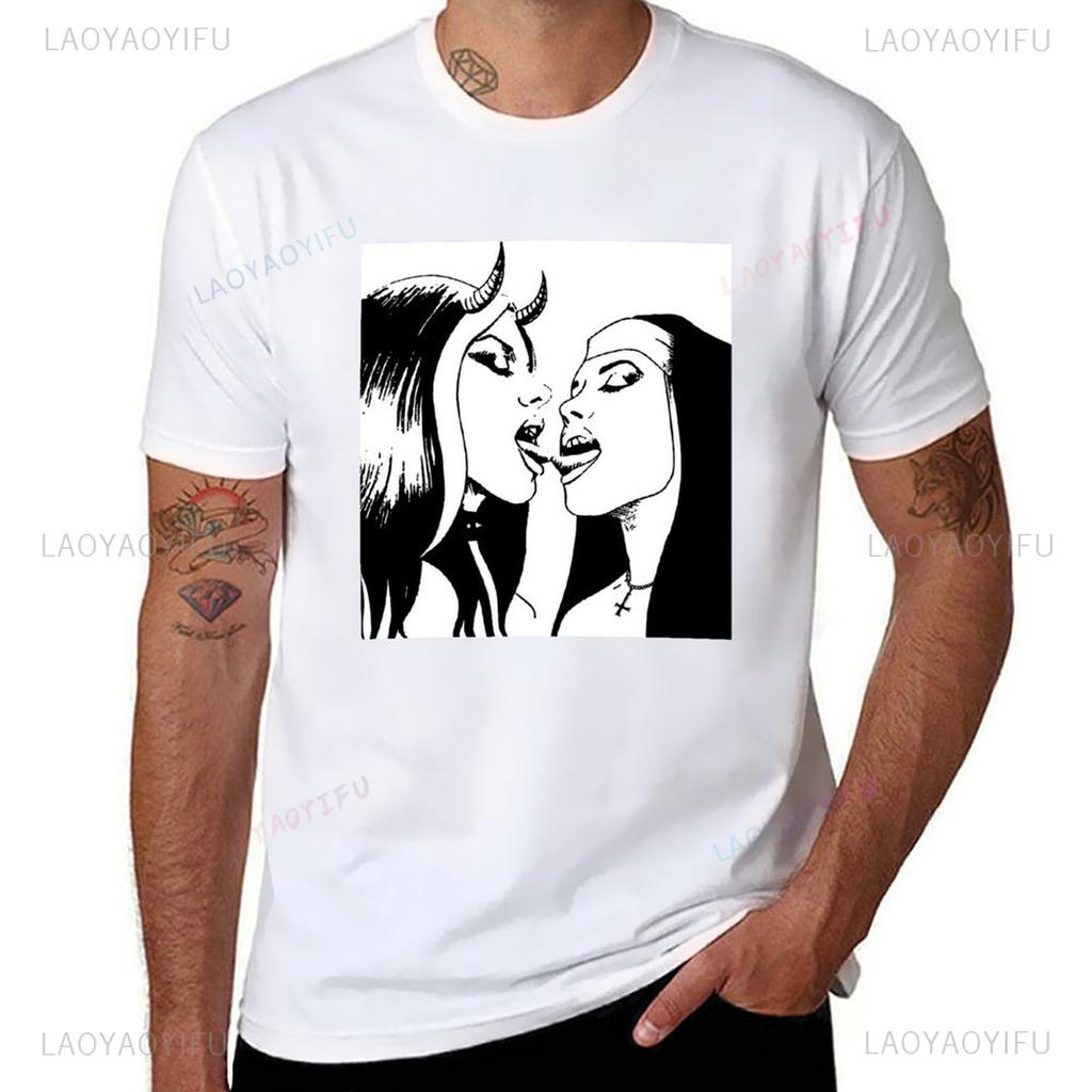 Sexy Bad Nun Lesbian Kiss Nun Bondage Satanic BDSM Cotton TShirt Funny Customs Harajuku Shortsleev Graphic Printed Tshirt