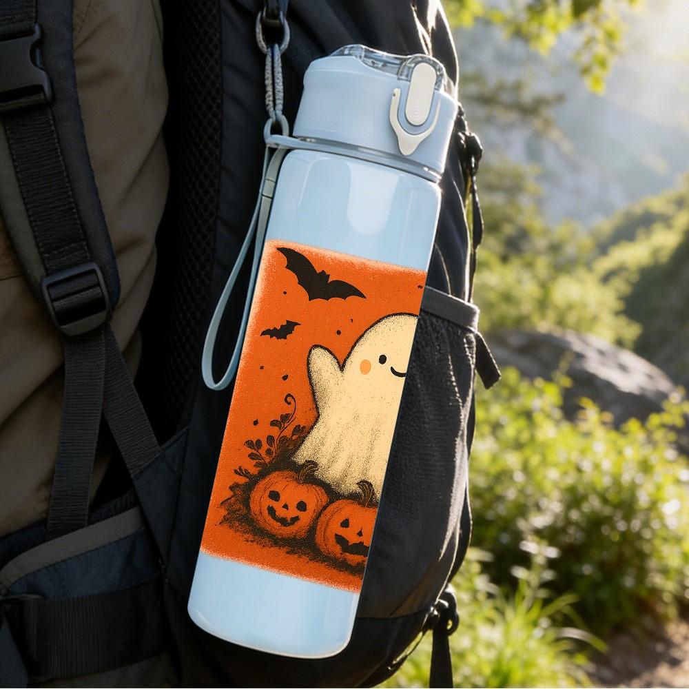 1PC Pumpkin Ghost Orange Print 750ml Color Plastic Sports Water Bottle Leakproof Flip Straw Lid Suitable for Sports Office Home Use