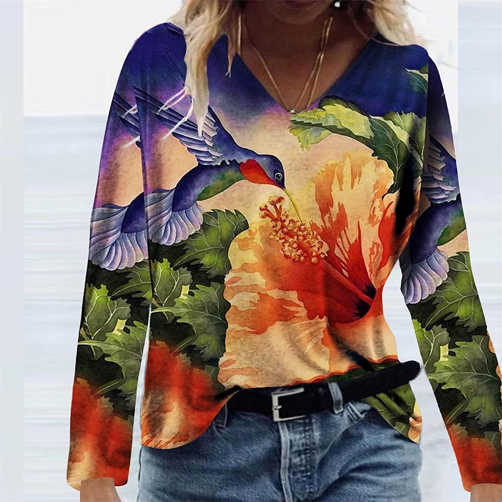 

Fashion Women Deep V-Neck Patchwork Retro Print Long Sleeves Shirt Blouse Tops XL помаранчевий