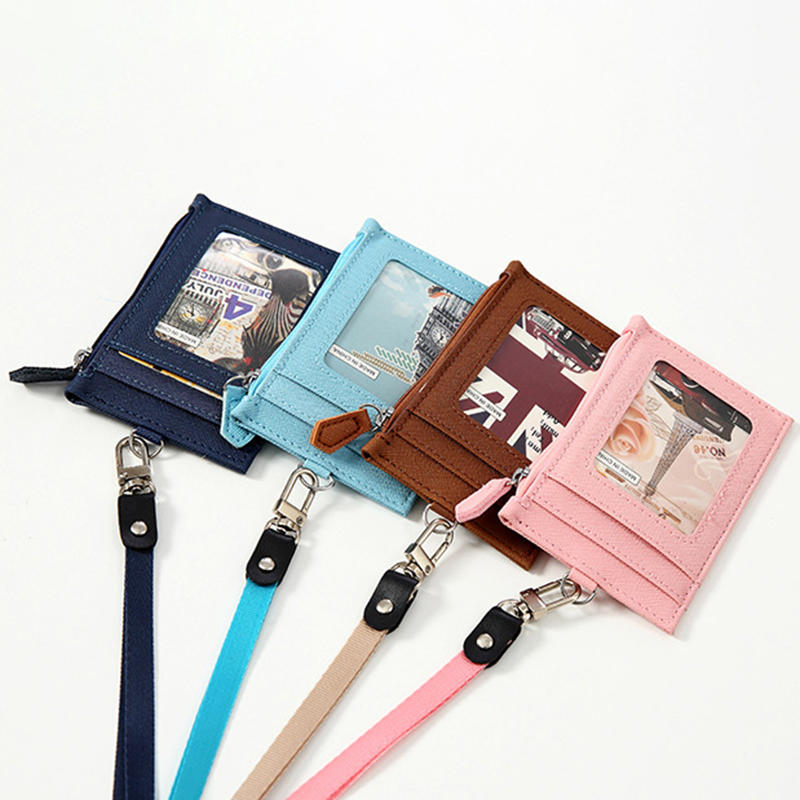 Casual Fashionable Pu Card Bag With Zipper Loose Change Bag With Hanging Rope Men'S And Women'S Card Mini Coin Bag Multiple Card Slots Id Card Bag