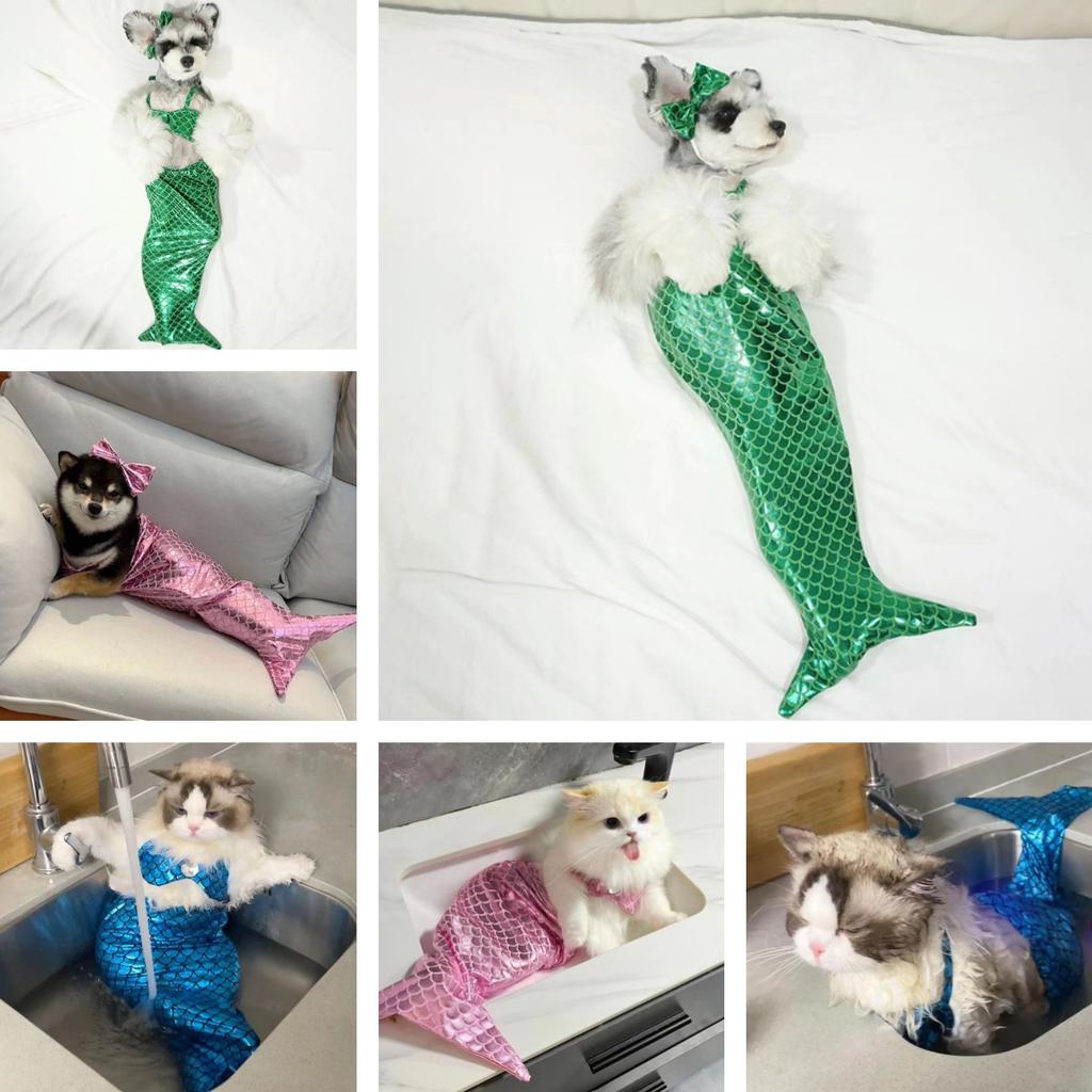 Dog Costume Pet Mermaid Bra Tail Bikini Clothing Bowknot Dressing Up Swimwear