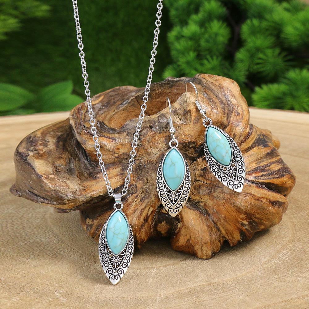 Ethnic Boho Turquoises Necklace Earring for Women Vintage copper Plated Carved Flower Dangle Earrings Indian Zircon Gift