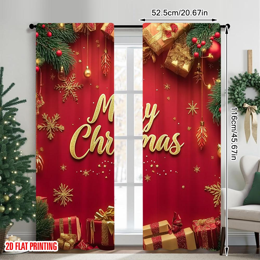 2pcs 2D Flat Printing Christmas Scene Curtain Merry Christmas 04 Versatile Fabric Without Electricity Festive Wall Decor Use for