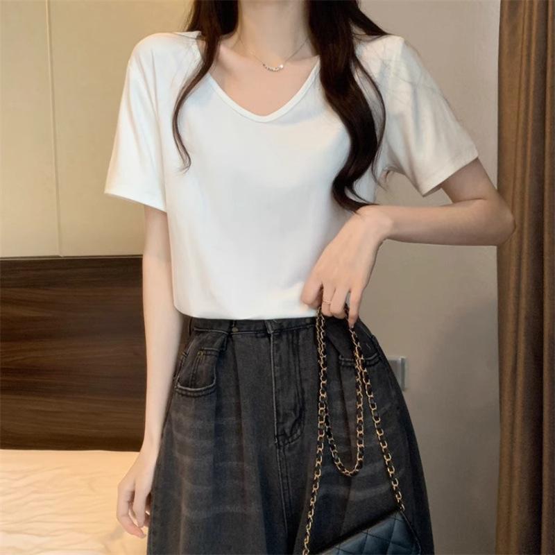 Simple and fashionable bottoming shirt U-neck front shoulder T-shirt women's short-sleeved white top spring and summer loose and casual