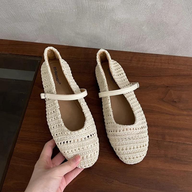 

Fashion SUOJIALUN 2025 Summer New Women Slipper Fashion Weave Straw Weave Ladies Casual Mary Jane Ballet Flats Soft Dress Single Shoes 35 бежевый