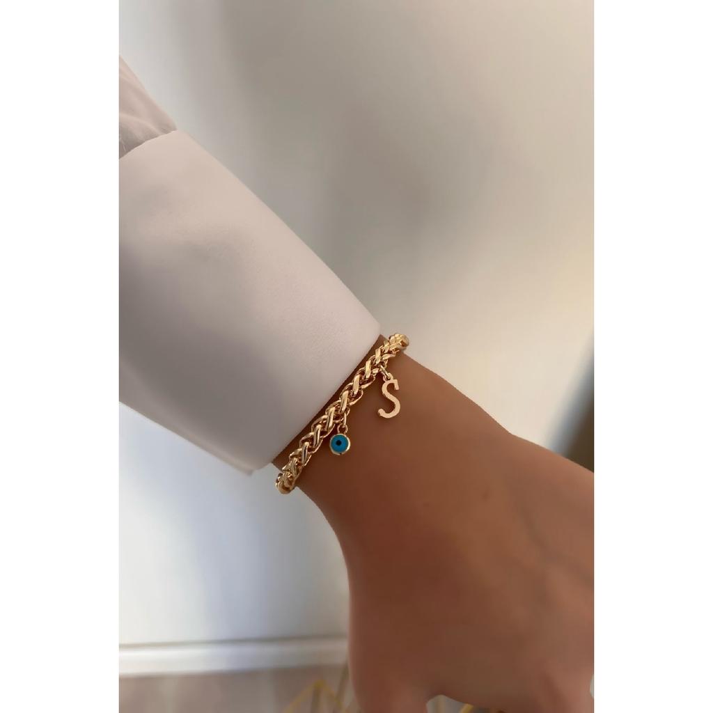Personalizovaný náramek s tlustým řetízkem, písmenem S a uhrančivým pohledem