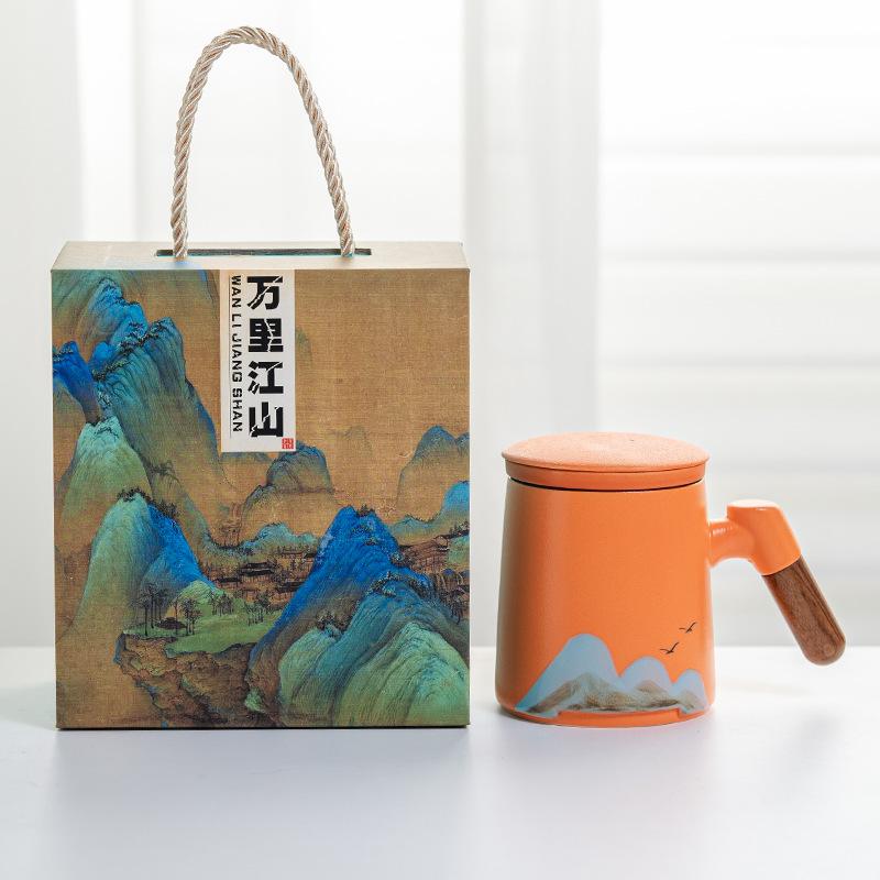 Guochao Holzgriff Yuanshan Keramiktasse mit Deckel Qianli Weißporzellan Jiangshan Büro Tee- und Wasserseparation Geschäftsgeschenk