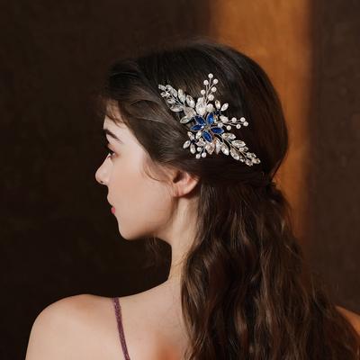 Handmade Pearl Blue Crystal Bridal Hair Comb Wedding Banquet Gown Headpiece Elegant Insert Comb For Birthday Party