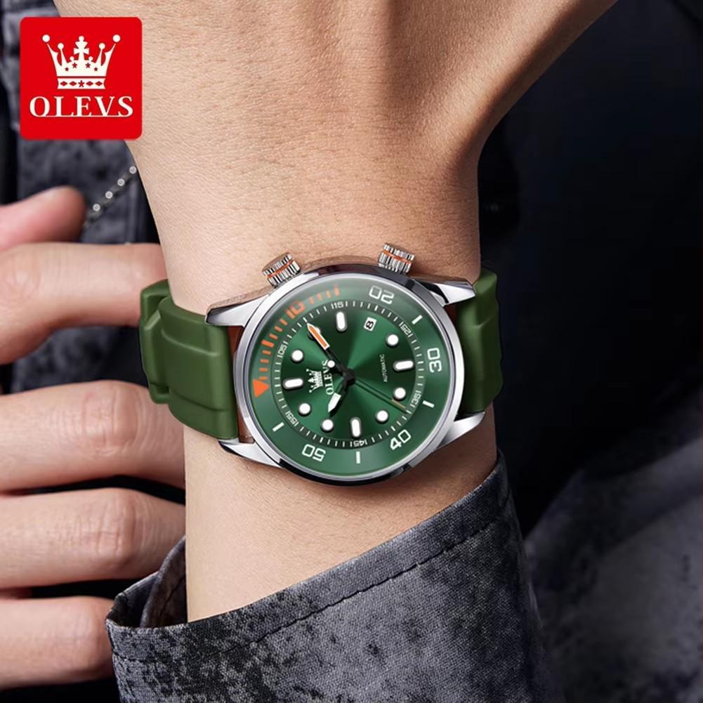 OLEVS Orologi Automatici da Uomo Lusso Top Brand Serie Subacquea Ghost Verde Cinturino in Silicone Orologio Meccanico Originale