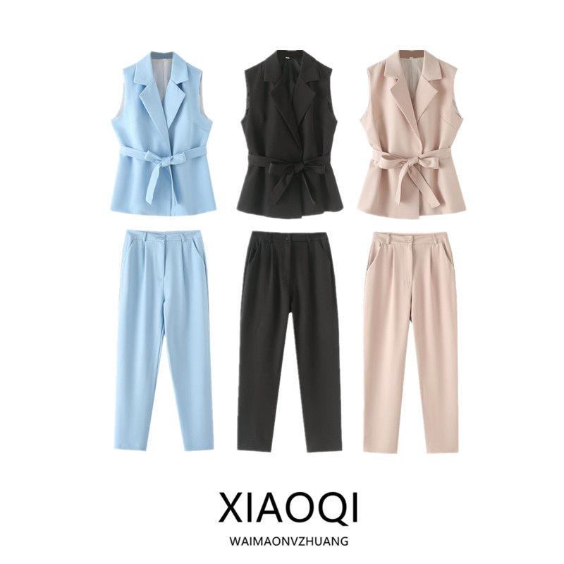 Western Style Women clothes 2024 Summer New Fashion Trendy With Belt Sleeveless Vest Casual Trousers Set