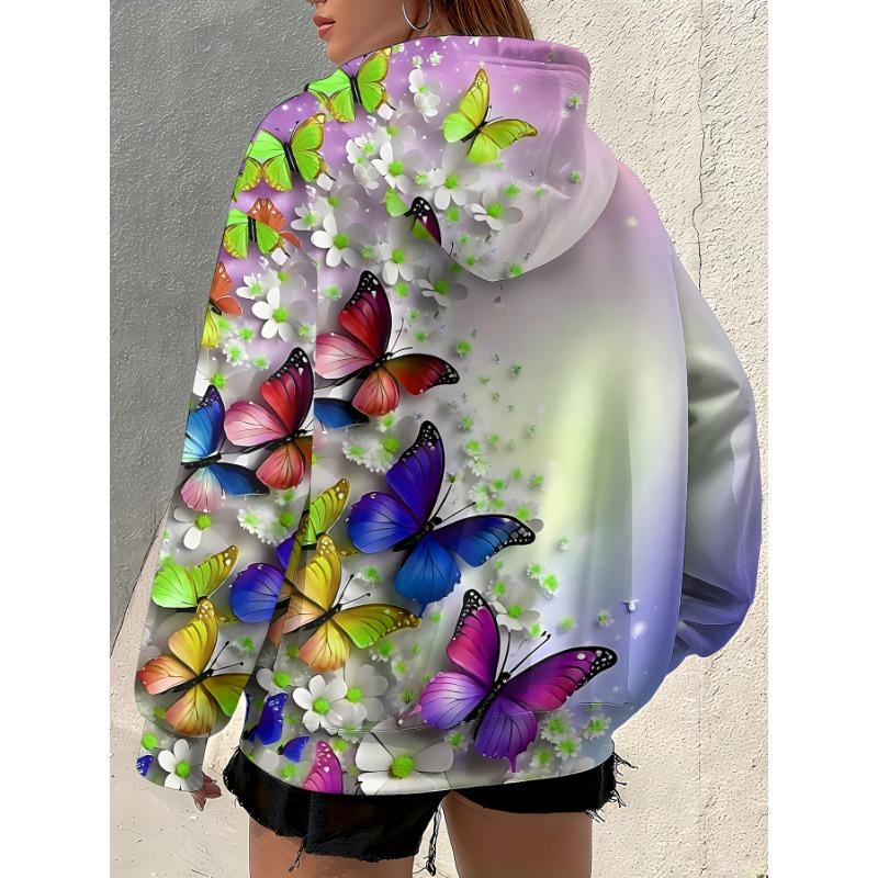Chaqueta con capucha para mujer con estampado de mariposas y flores, cierre completo de cremallera - Diseño vibrante y colorido de mariposas y flores