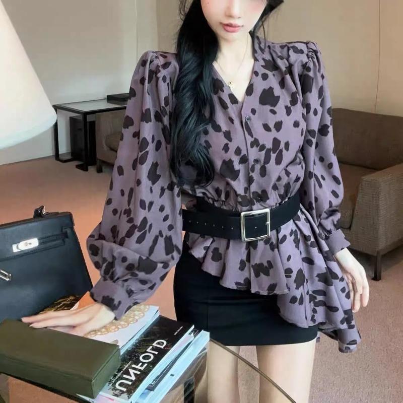 Women s Leopard Print V-Neck Irregular Hem Blouse with Belt S