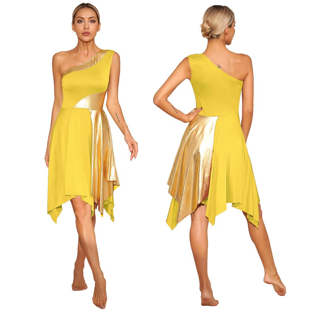 Dame metallisk tilbedelse Lovsang Dansekjole Color Block One Shoulder Uregelmessig hem Ermeløse kjoler Danseklær Performance Costume