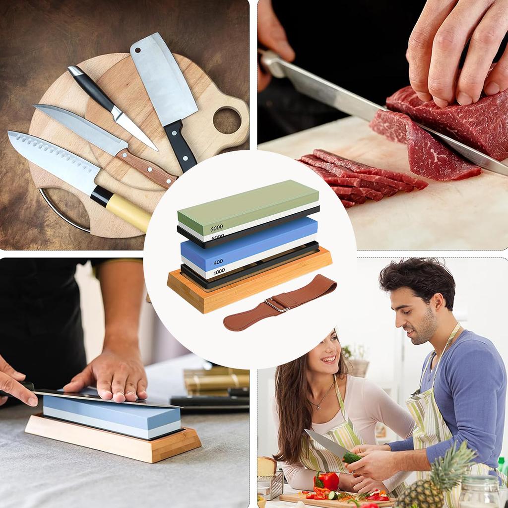Sharpening Stone Set 4 Side Grit 400/1000 3000/8000, Premium Knife Sharpener, Knife Sharpening Stone Kit with Bamboo Base
