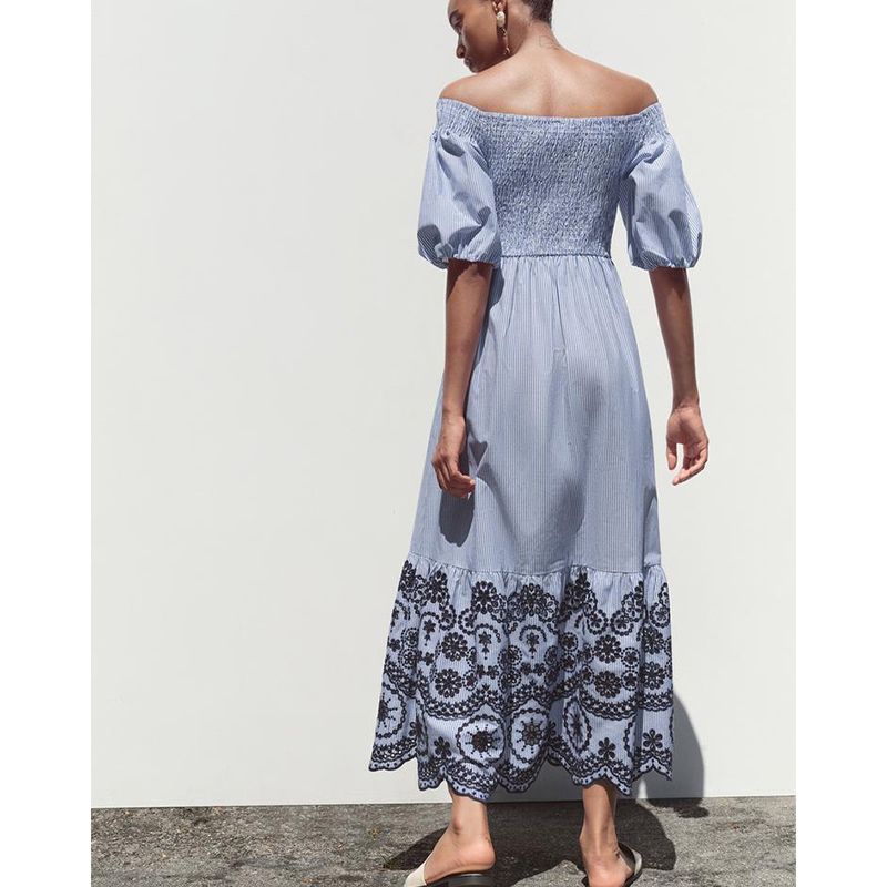 Summer Women Clothes Honeycomb Lattice Elastic Design Embroidery Stripe off-the-Shoulder Straight Collar Midi Dress 3295889