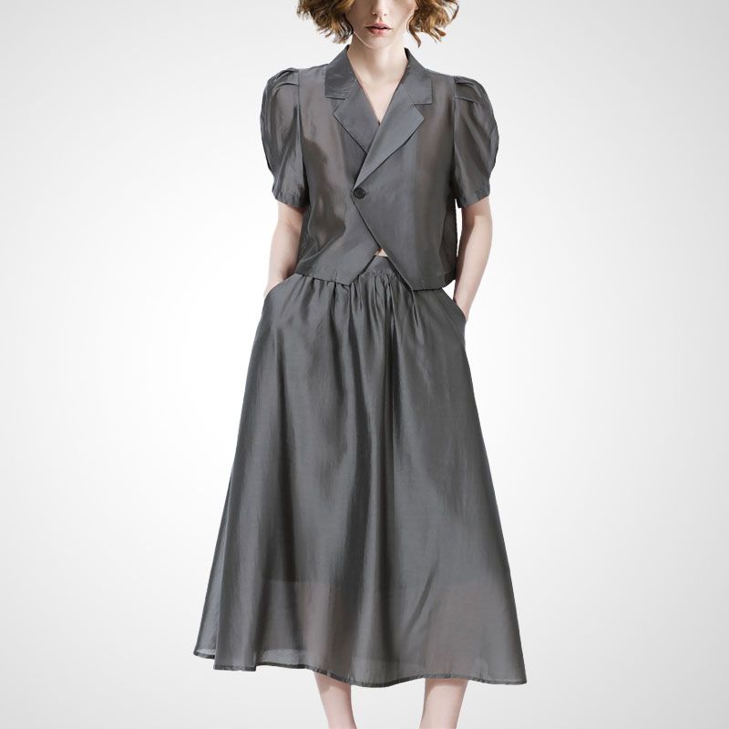 

Классический стиль лацкан костюм тенсель деловой комплект-двойка юбка Gray- XL