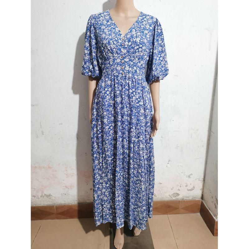 

Модный стиль V-образный вырез рукав-фонарик эластичная спинка и талия цветочное вискозное платье с разрезом богемное пляжное платье Royal Blue S