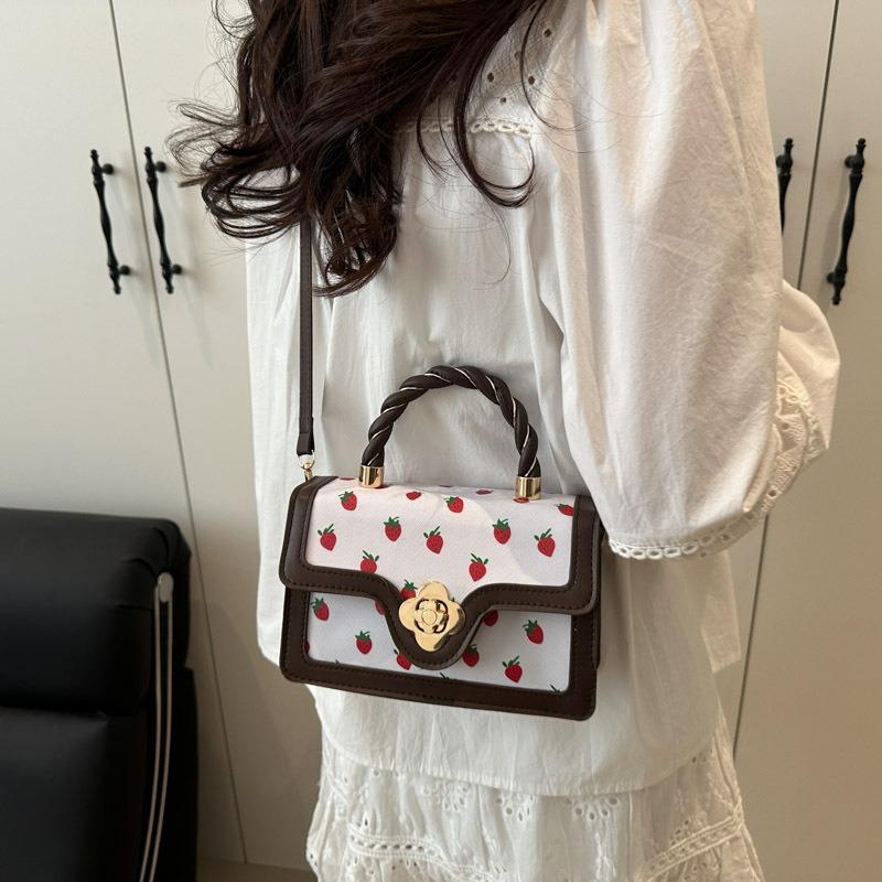 Little Cherry Printed Shoulder Bag Women's New Twist Portable Small Square Bag Fresh Contrast Color Design Messenger Bag