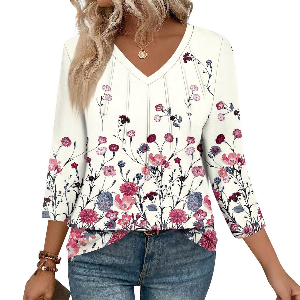 Dámské ležérní topy s výstřihem do V, pruhovaným potiskem a sedmirukávovým střihem