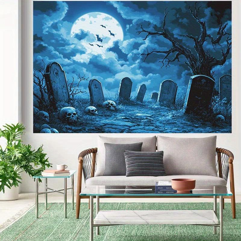 1 piece of Halloween cemetery scene backdrop fabric, featuring a full moon, tombstones and eerie tree decorations - polyester