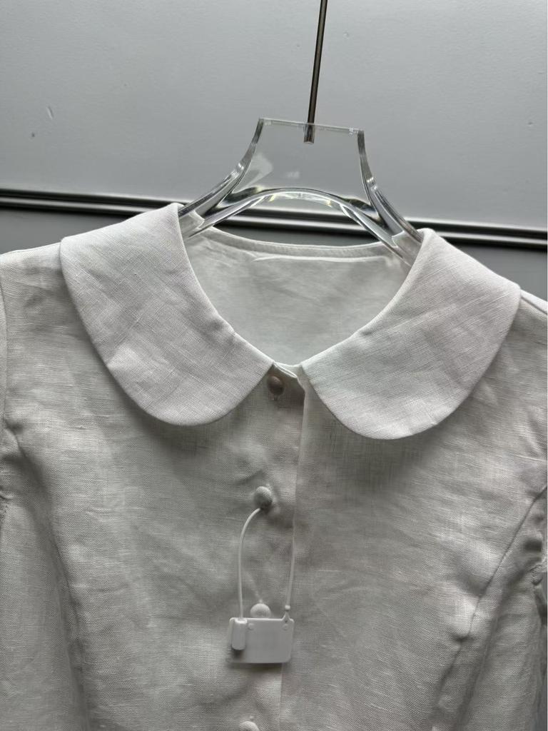 French Minimalist Linen Short-Sleeve Shirt with Elegant Doll Collar