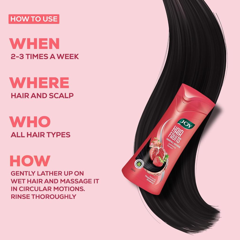 Joy Hair Fruits Hairfall Defense Conditioning Shampoo 340ml Pack of 1, Pomegranate & Strawberry for Smooth Shiny Hair