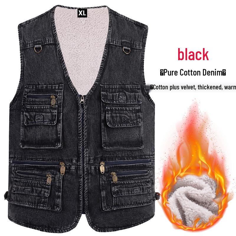 Herren-Jeans-Weste mit Baumwoll-Fleece-Futter - Große Größen, Warm, Mehrere Taschen, Herbst/Winter Freizeit-Weste