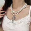 Retro Crystal Crosses Pendant Necklace Featuring Multilayer Faux Pearls Clavicle Chain For Elegant Jewelry Collection