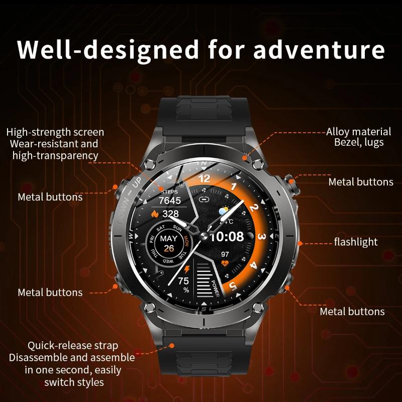 2026 New Men Military Grade Smart Watch GPS 10ATM Waterproof LED Flashlight 730mAh Battery Bluetooth Call Outdoor Sport Fitness Smartwatches