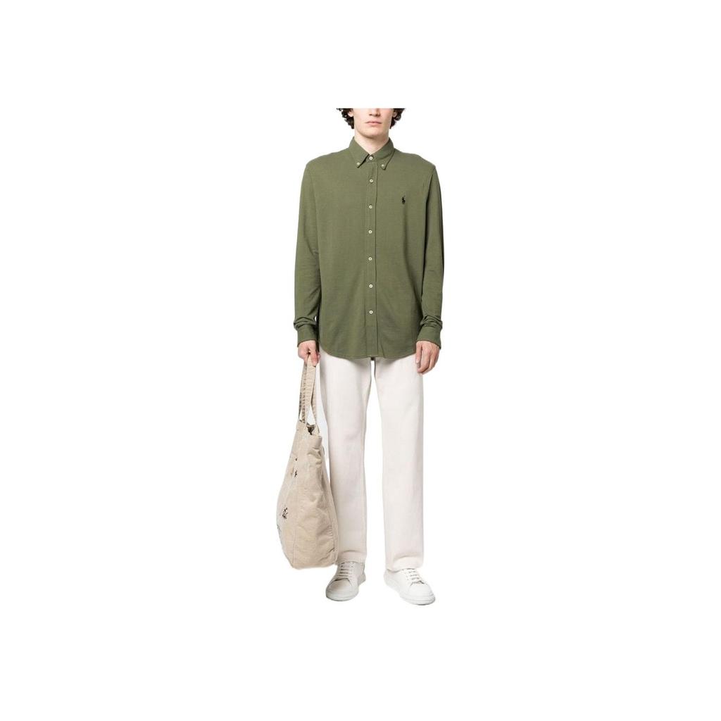 Polo Ralph Lauren FW22 Solid Logo Embroidered Single-Breasted Long Sleeve Shirt Men shirts Green 710654408-092