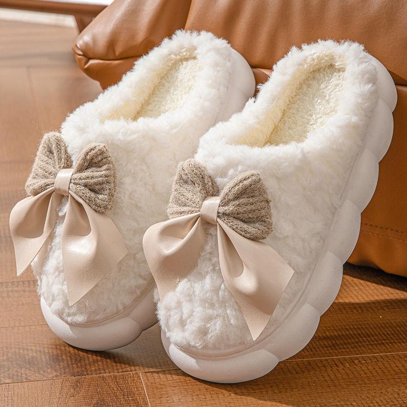Maternity Bow Knot Cotton Slippers: Plush, Non-Slip, Thickened, Closed-Heel Autumn/Winter Footwear for Women