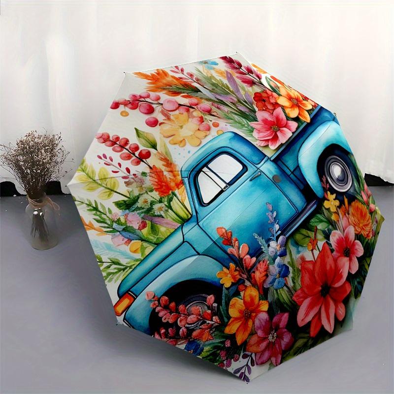 Floral Truck Watercolor DecorUmbrella, Portable 3-Fold Compact Umbrella,Christmas Gift ES628