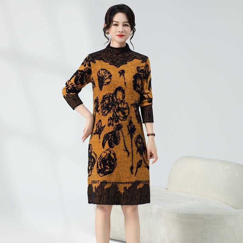 Women's Plus-size Sweater Dress Autumn Winter Fleece Mid-length Straight Knitted Dress Printed Flocking High-neck Skin-friendly Knitted Dress