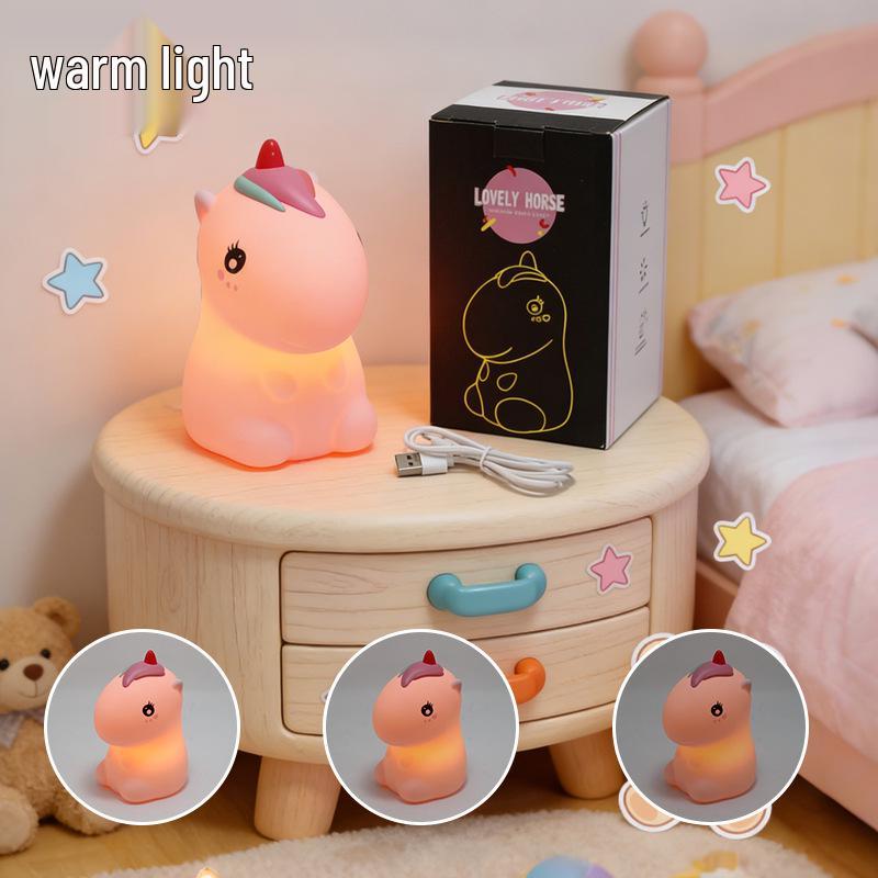 Cute Pink Pony Silicone Night Light: Adjustable Seven-Color Soft Glow for Bedroom or Desk