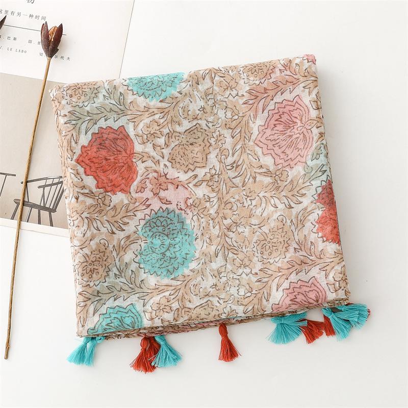 New Summer Travel Sunscreen Scarves Bali Yarn Colorful Plants And Flowers Shawl Cotton Hemp Belt Scarf Woman
