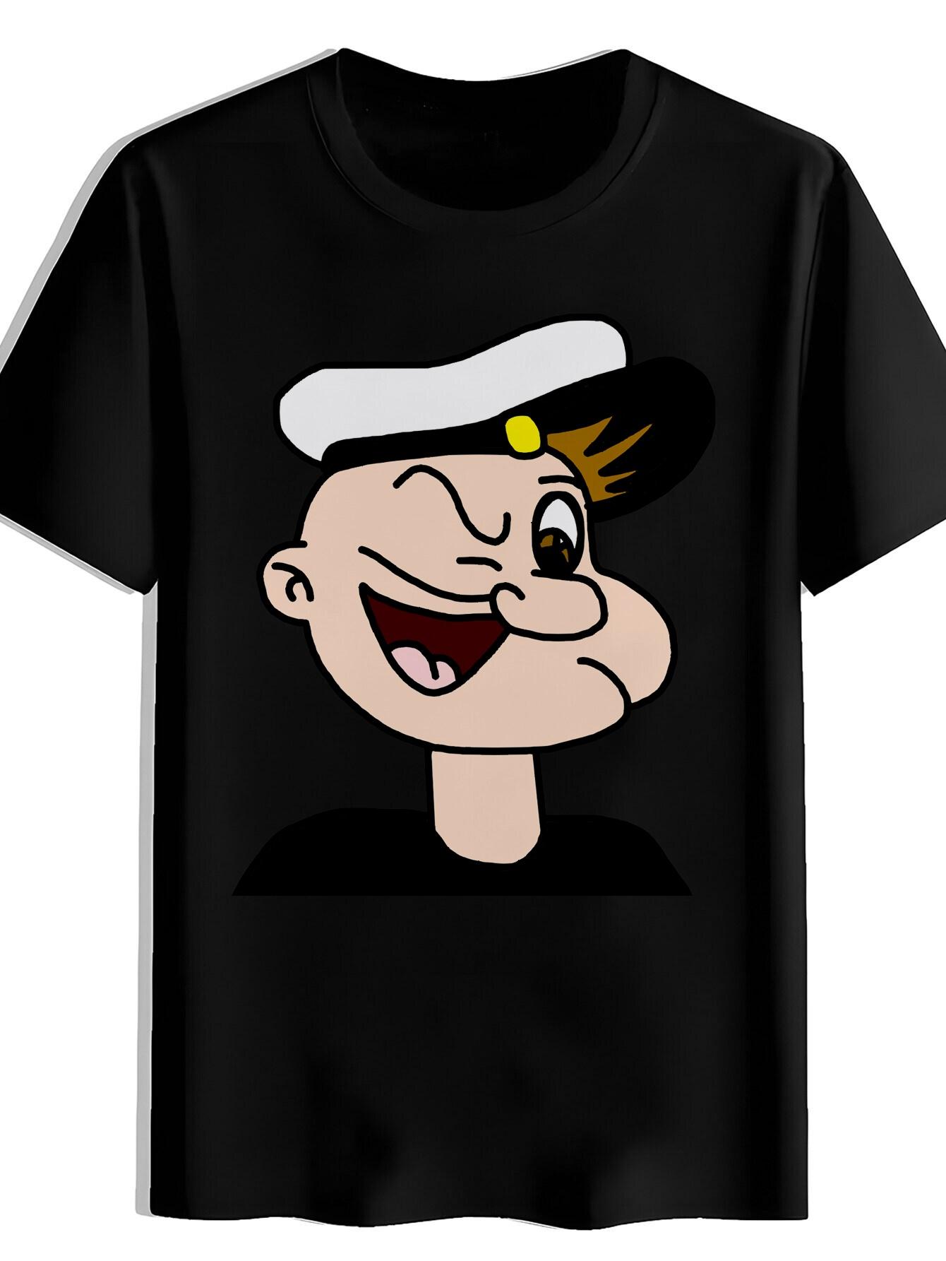 T-shirt Black Short Sleeve with Popeye the Sailor for Man Print - Iconic Sailor Hat & Spinach Logo Design XS