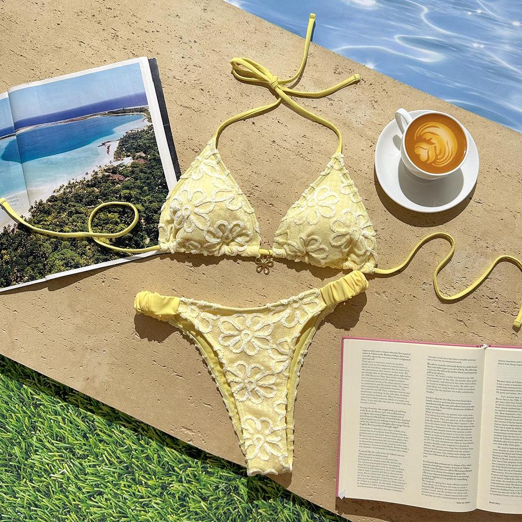 European and American Sexy Ins Flower Embroidery Lace Hollow Split Swimsuit Bikini