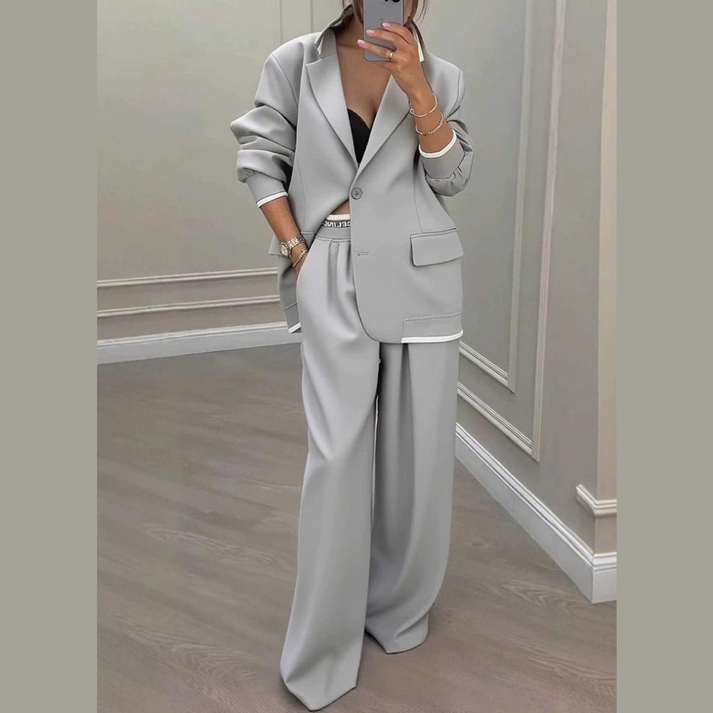 Temperament Blazer Suit Women's Pants Loose Solid Color Autumn Winter Commuting Long-sleeved Lapel Top Wide-leg Trousers Two-piece Set