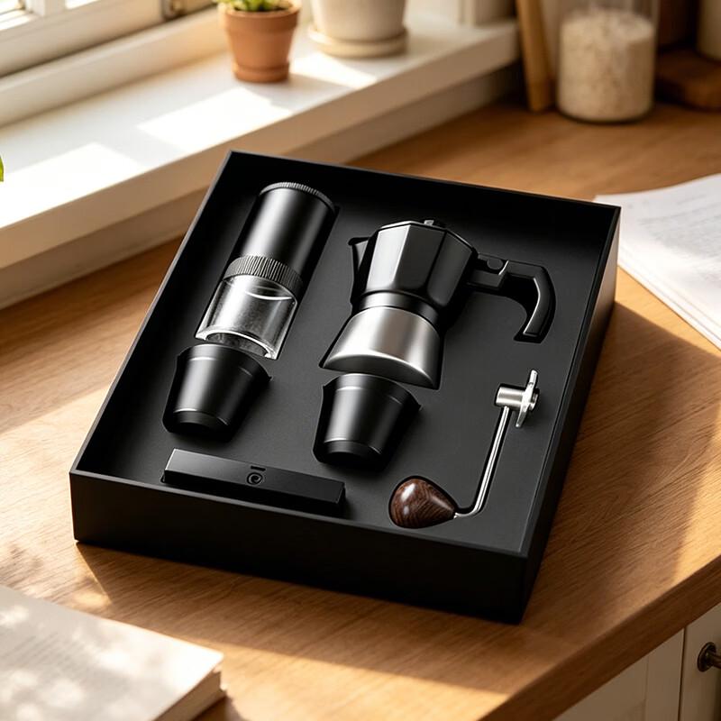 NICOH Portable Manual Coffee Grinder and Moka Pot Set