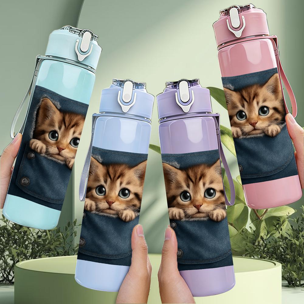 1PC Cat Peeking Canvas Bag 750ml Color Plastic Sports Water Bottle Leakproof Flip Straw Lid For Sports Office Home Use