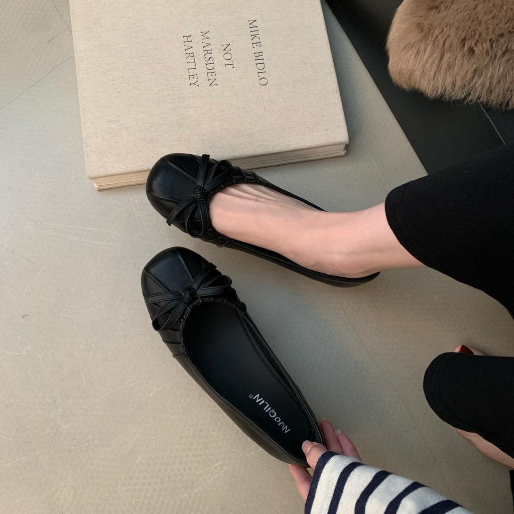2025 autumn new bow pleated round head ballet inner height increase commuter women's shoes